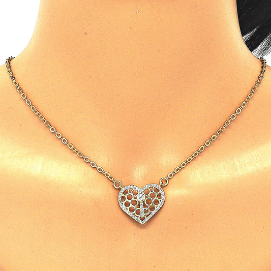 Oro Laminado Earring and Pendant Adult Set, Gold Filled Style Heart and key Design, with White Cubic Zirconia and White Micro Pave, Polished, Golden Finish