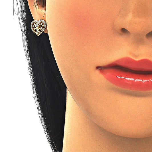 Oro Laminado Earring and Pendant Adult Set, Gold Filled Style Heart and key Design, with White Cubic Zirconia and White Micro Pave, Polished, Golden Finish