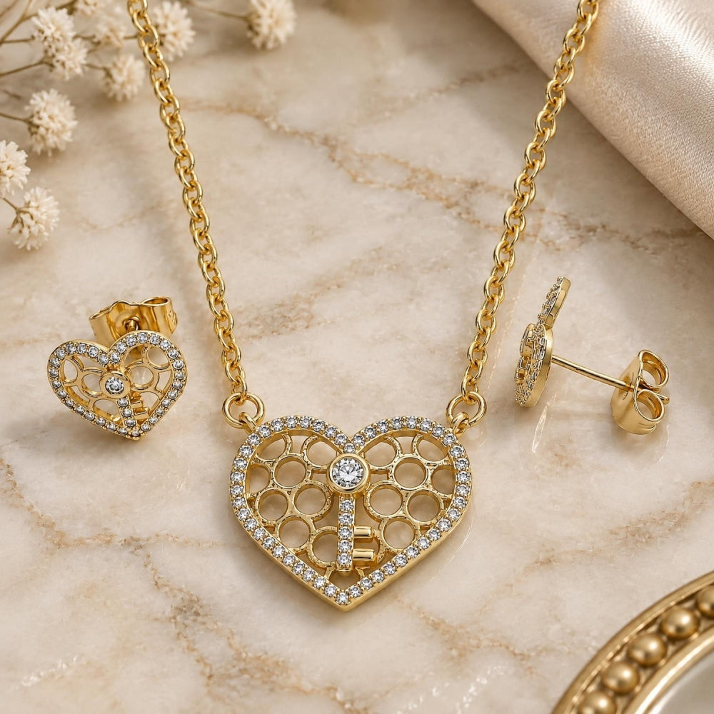 Oro Laminado Earring and Pendant Adult Set, Gold Filled Style Heart and key Design, with White Cubic Zirconia and White Micro Pave, Polished, Golden Finish