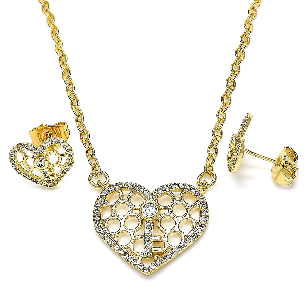Oro Laminado Earring and Pendant Adult Set, Gold Filled Style Heart and key Design, with White Cubic Zirconia and White Micro Pave, Polished, Golden Finish