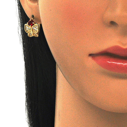 Oro Laminado Huggie Hoop, Gold Filled Style Butterfly Design, with Garnet Cubic Zirconia and White Micro Pave, Polished, Golden Finish