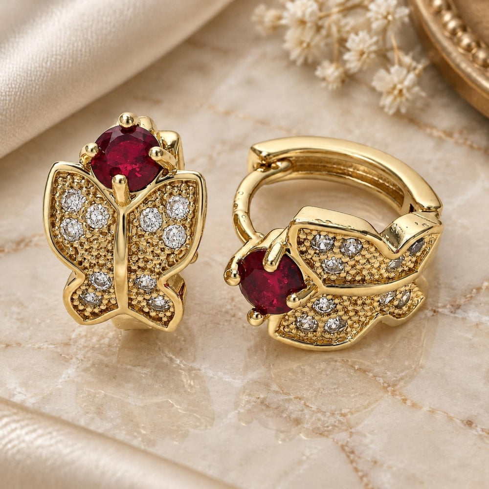 Oro Laminado Huggie Hoop, Gold Filled Style Butterfly Design, with Garnet Cubic Zirconia and White Micro Pave, Polished, Golden Finish