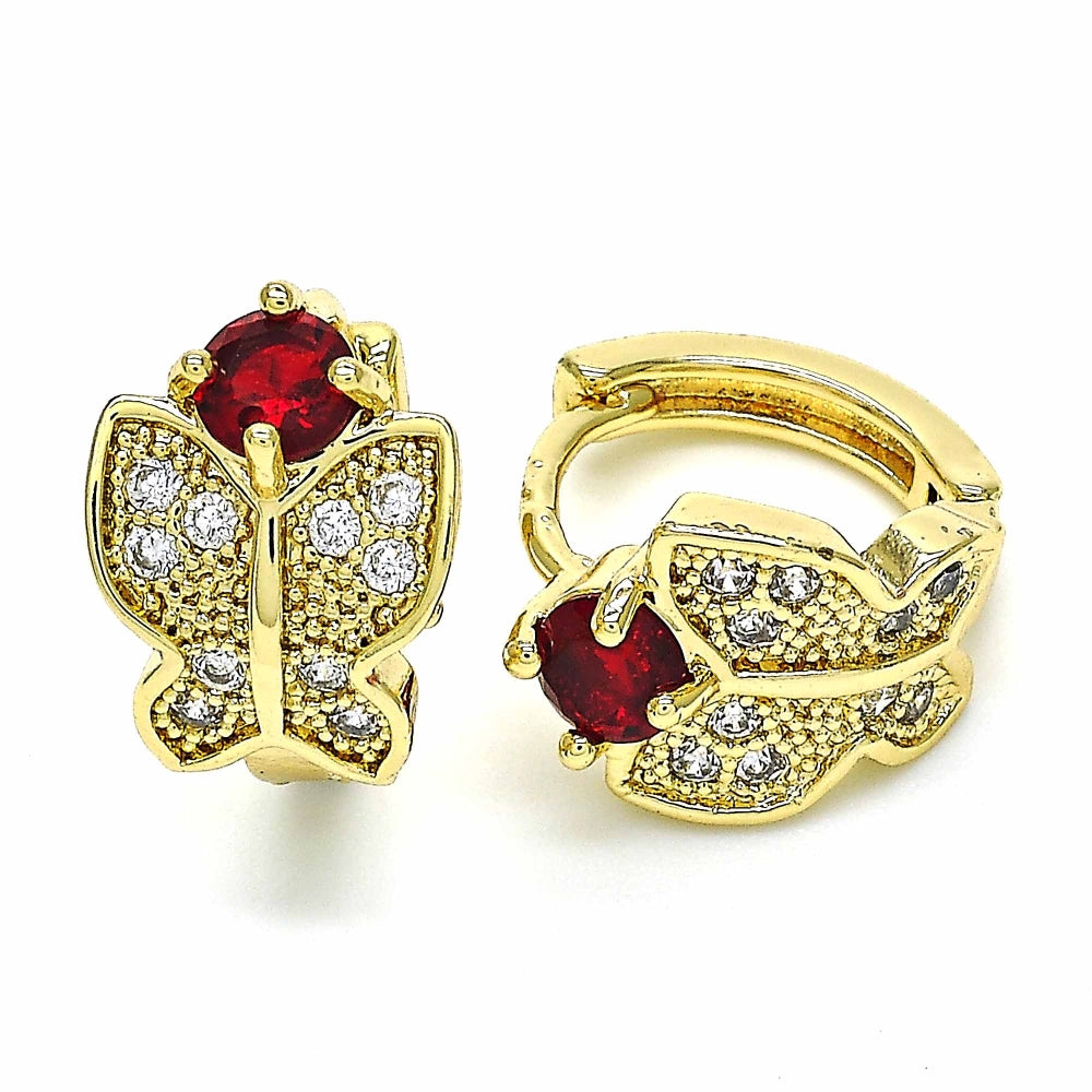 Oro Laminado Huggie Hoop, Gold Filled Style Butterfly Design, with Garnet Cubic Zirconia and White Micro Pave, Polished, Golden Finish