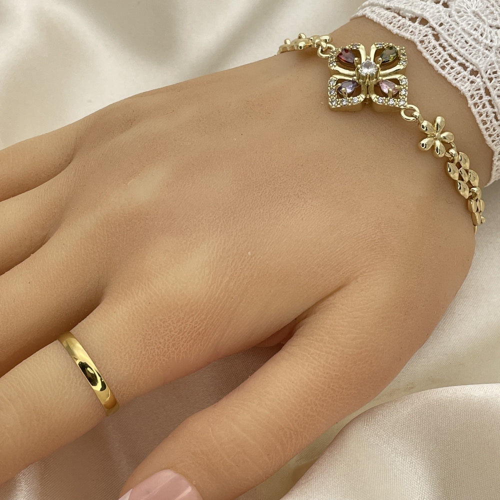 Oro Laminado Fancy Bracelet, Gold Filled Style Flower and Teardrop Design, with Multicolor Cubic Zirconia, Polished, Golden Finish