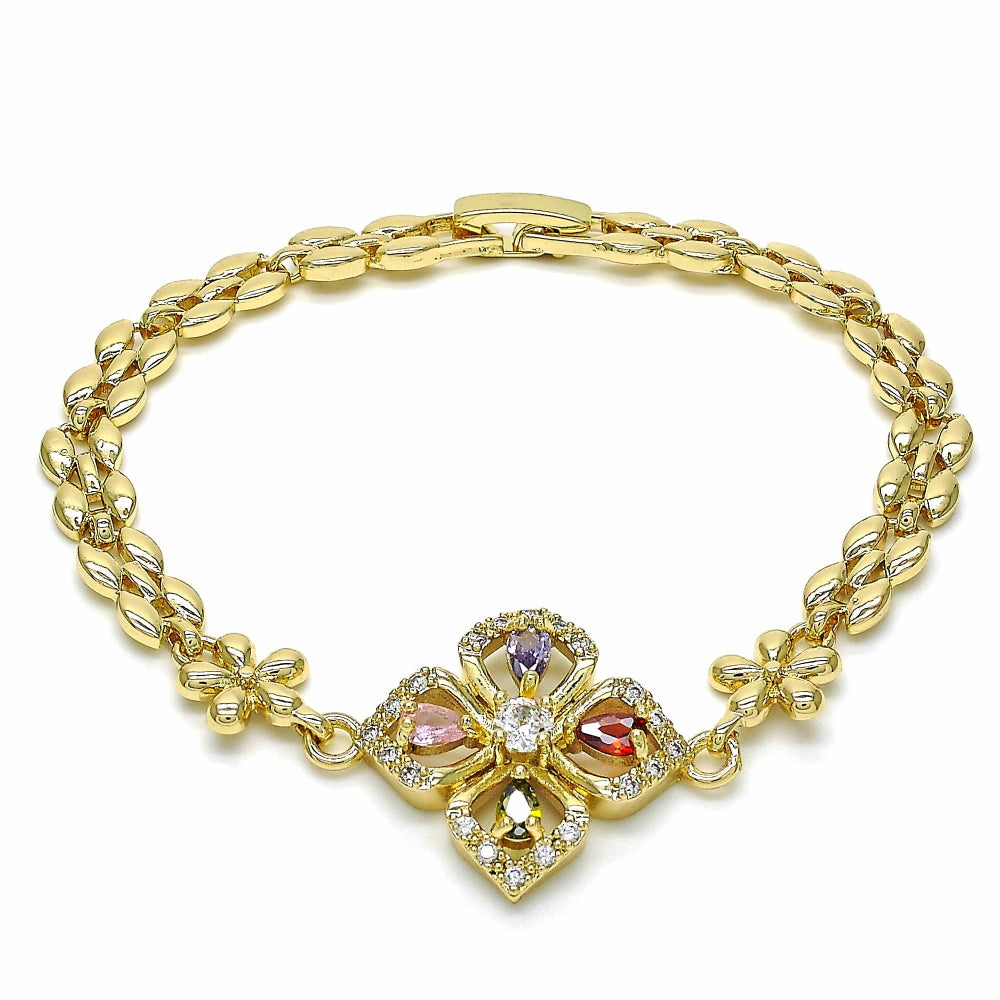 Oro Laminado Fancy Bracelet, Gold Filled Style Flower and Teardrop Design, with Multicolor Cubic Zirconia, Polished, Golden Finish