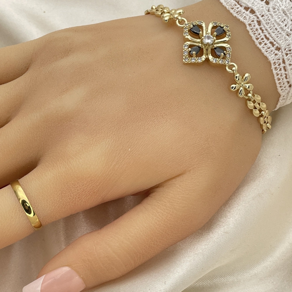 Oro Laminado Fancy Bracelet, Gold Filled Style Flower and Teardrop Design, with Black and White Cubic Zirconia, Polished, Golden Finish