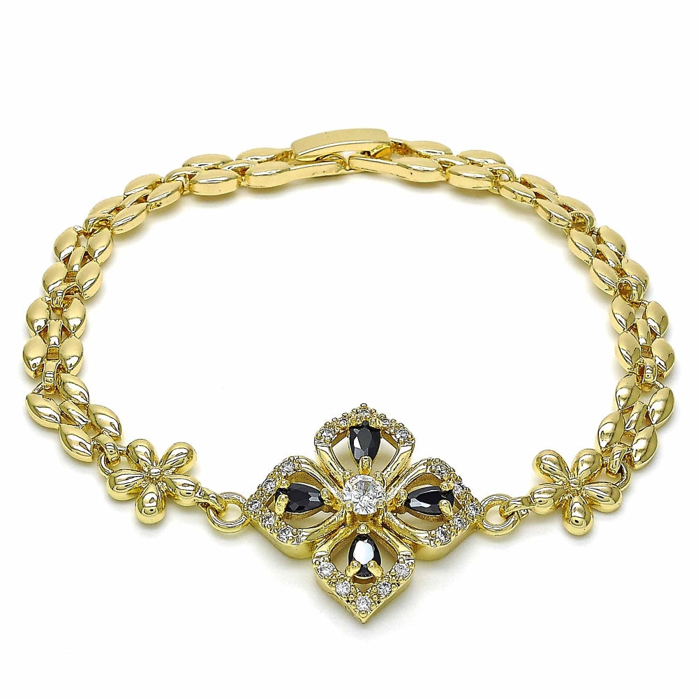 Oro Laminado Fancy Bracelet, Gold Filled Style Flower and Teardrop Design, with Black and White Cubic Zirconia, Polished, Golden Finish