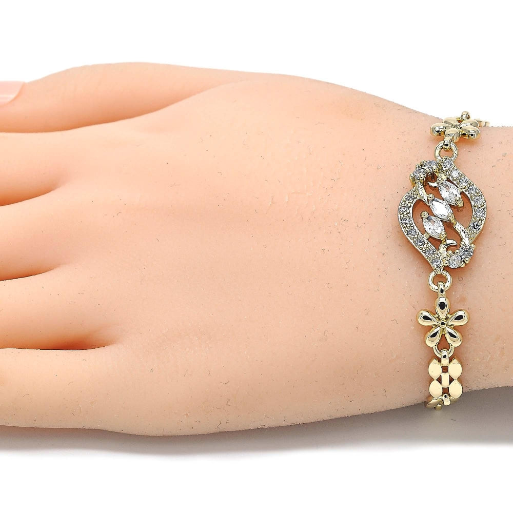 Oro Laminado Fancy Bracelet, Gold Filled Style Flower Design, with White Cubic Zirconia, Polished, Golden Finish
