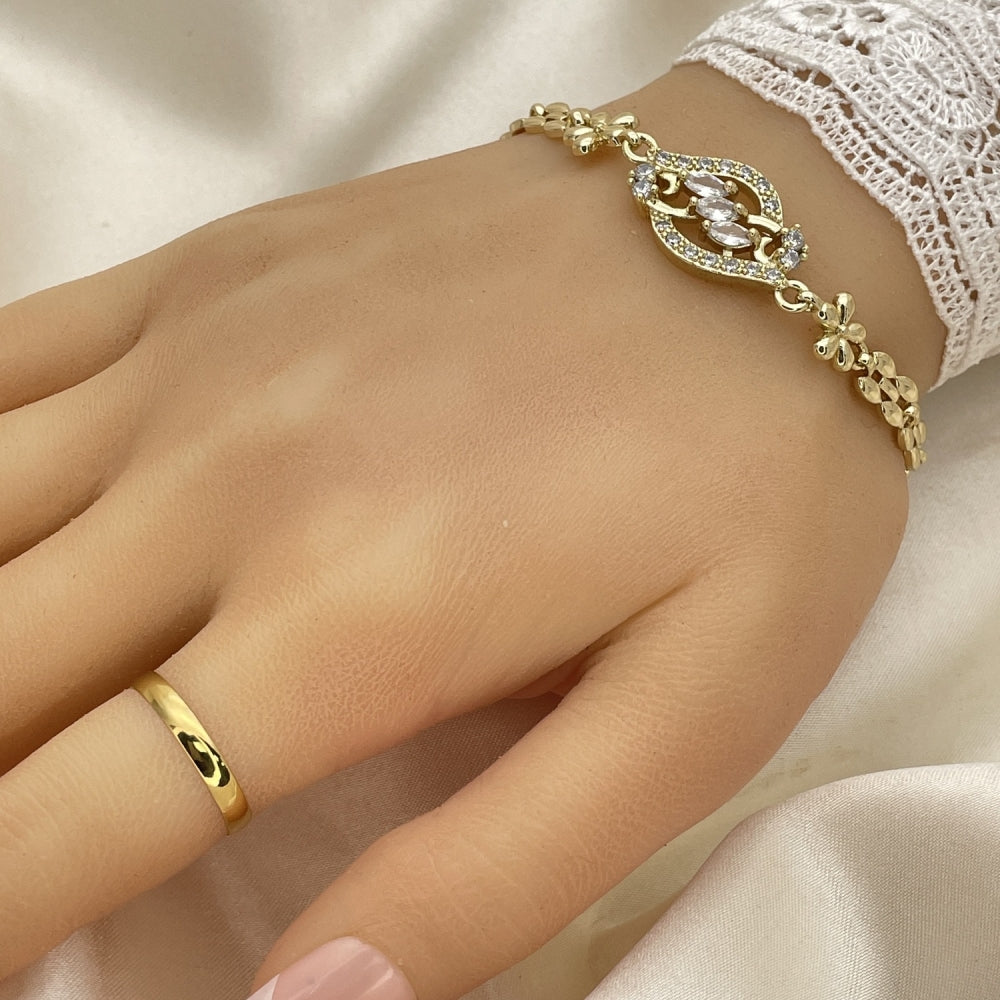 Oro Laminado Fancy Bracelet, Gold Filled Style Flower Design, with White Cubic Zirconia, Polished, Golden Finish