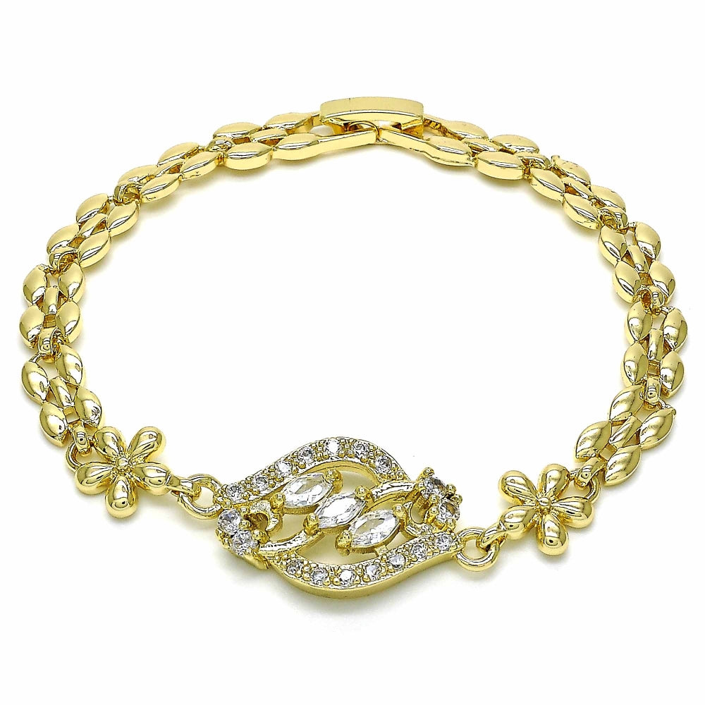 Oro Laminado Fancy Bracelet, Gold Filled Style Flower Design, with White Cubic Zirconia, Polished, Golden Finish