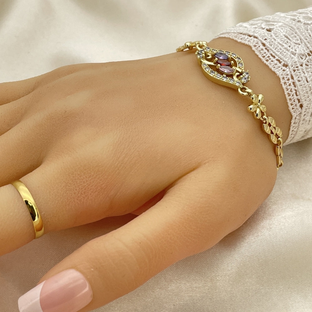 Oro Laminado Fancy Bracelet, Gold Filled Style Flower Design, with Multicolor Cubic Zirconia, Polished, Golden Finish