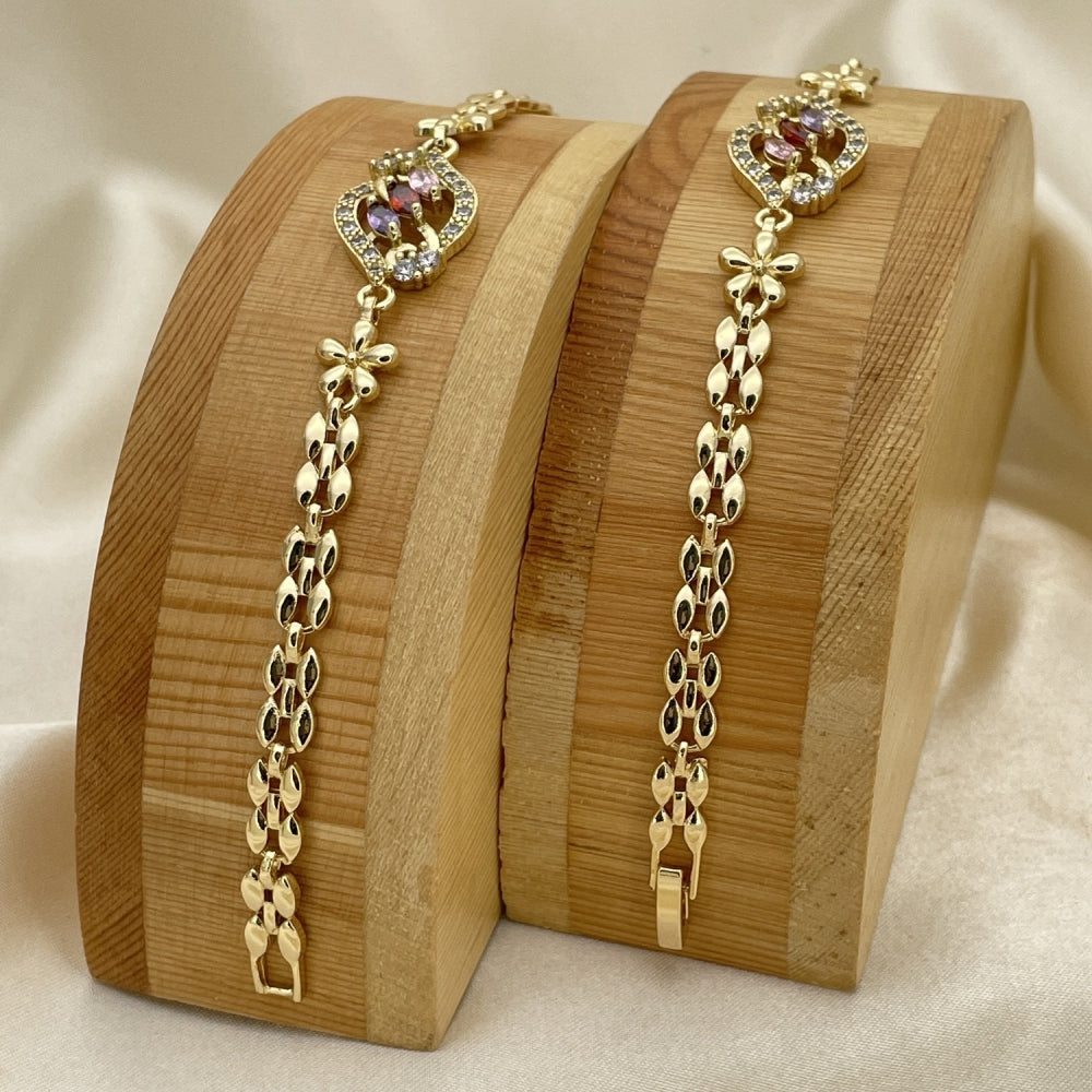 Oro Laminado Fancy Bracelet, Gold Filled Style Flower Design, with Multicolor Cubic Zirconia, Polished, Golden Finish