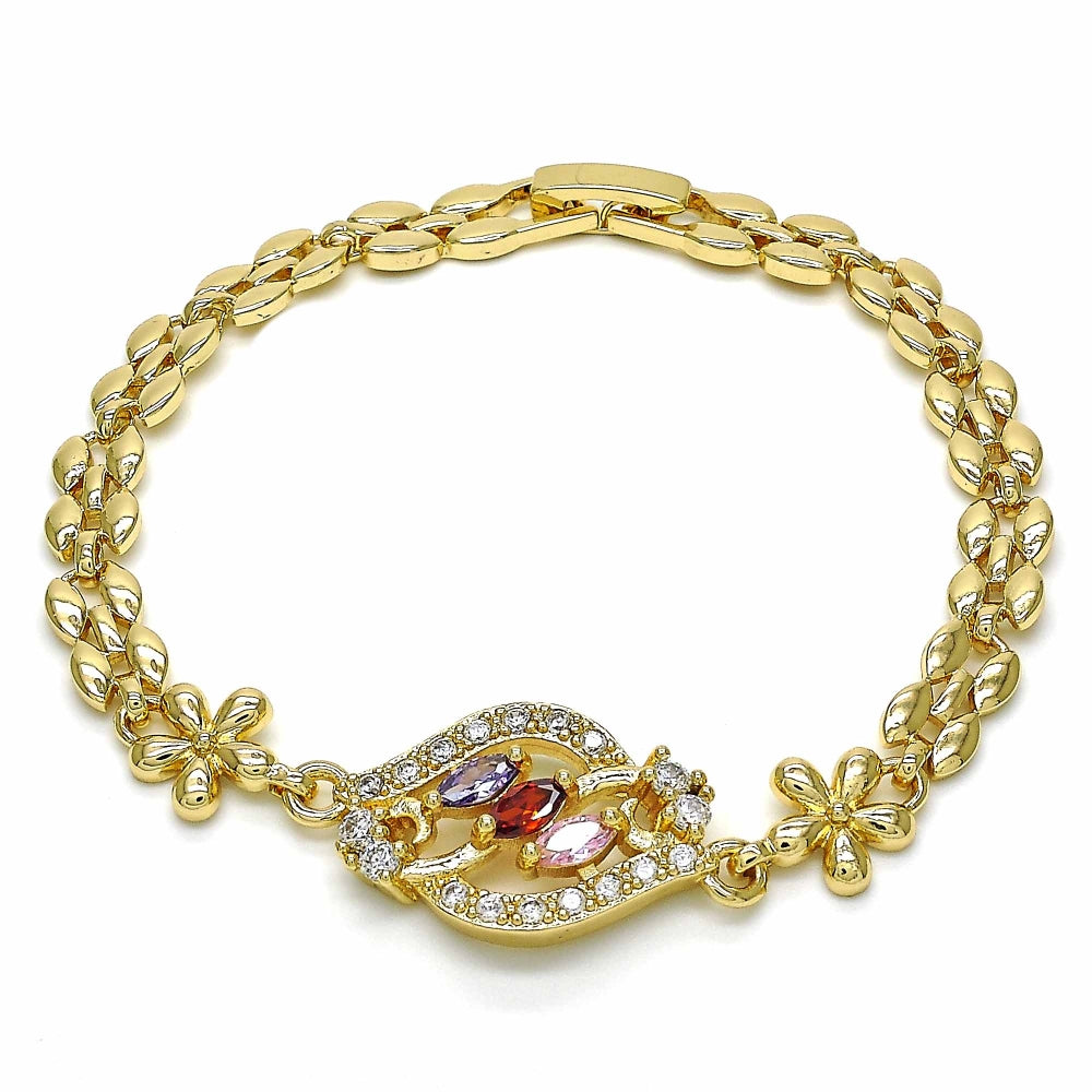 Oro Laminado Fancy Bracelet, Gold Filled Style Flower Design, with Multicolor Cubic Zirconia, Polished, Golden Finish