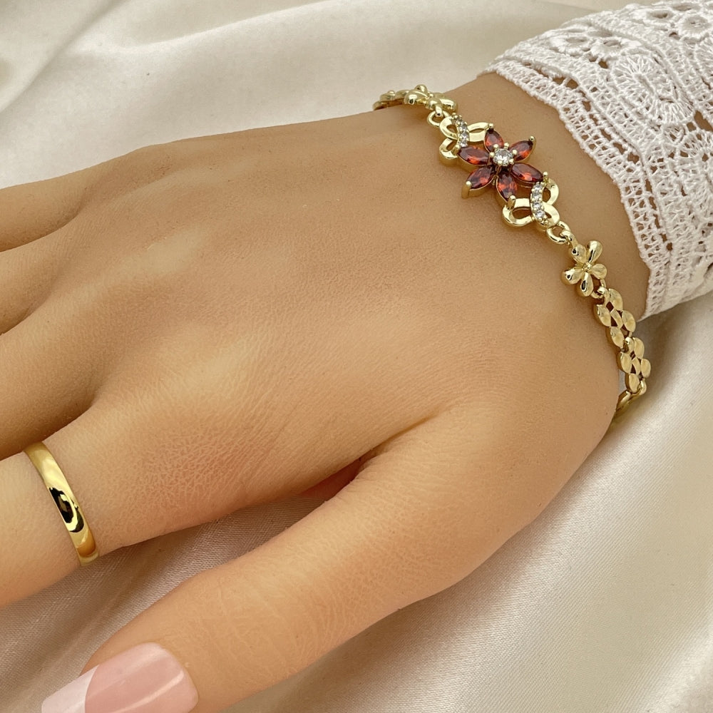 Oro Laminado Fancy Bracelet, Gold Filled Style Flower Design, with Garnet and White Cubic Zirconia, Polished, Golden Finish