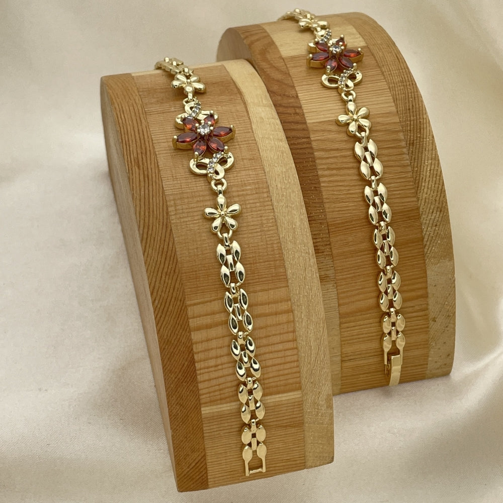 Oro Laminado Fancy Bracelet, Gold Filled Style Flower Design, with Garnet and White Cubic Zirconia, Polished, Golden Finish