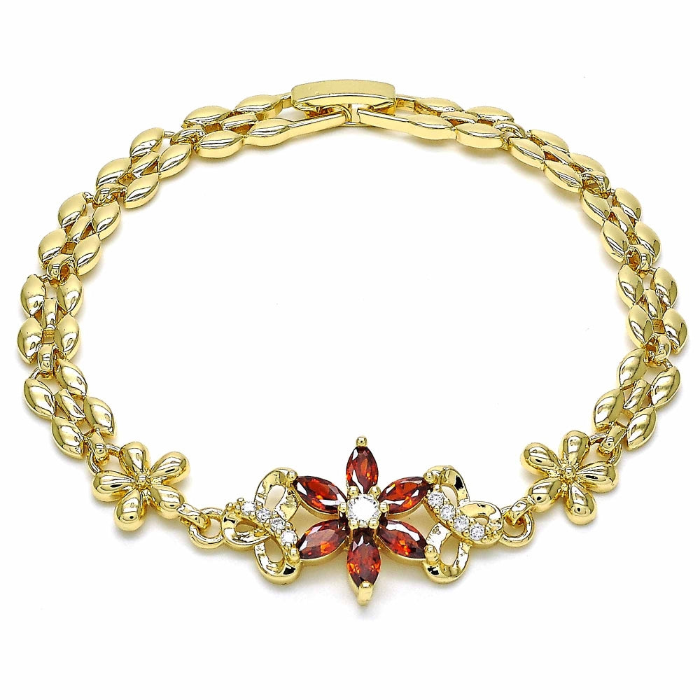 Oro Laminado Fancy Bracelet, Gold Filled Style Flower Design, with Garnet and White Cubic Zirconia, Polished, Golden Finish