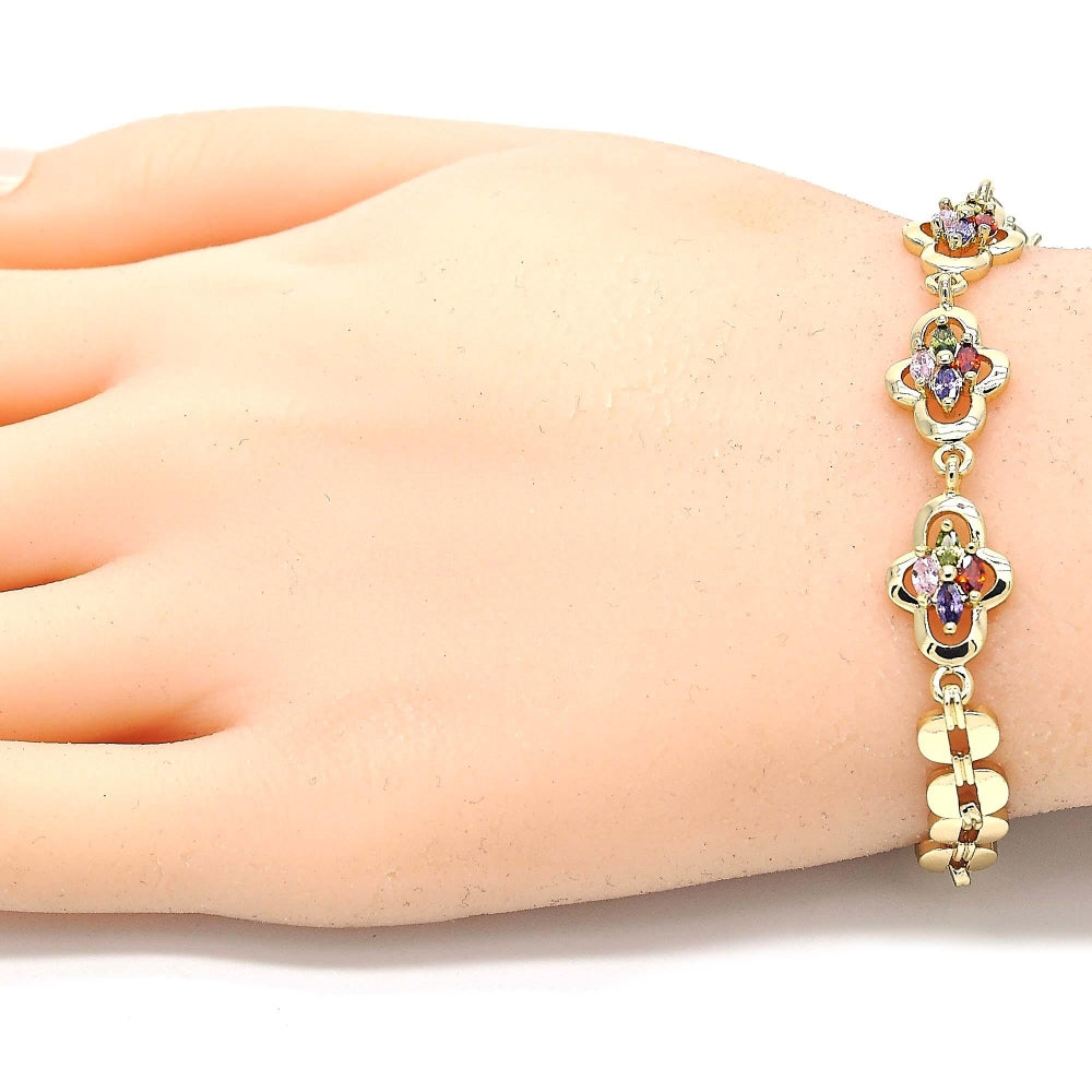 Oro Laminado Fancy Bracelet, Gold Filled Style with Multicolor Cubic Zirconia, Polished, Golden Finish