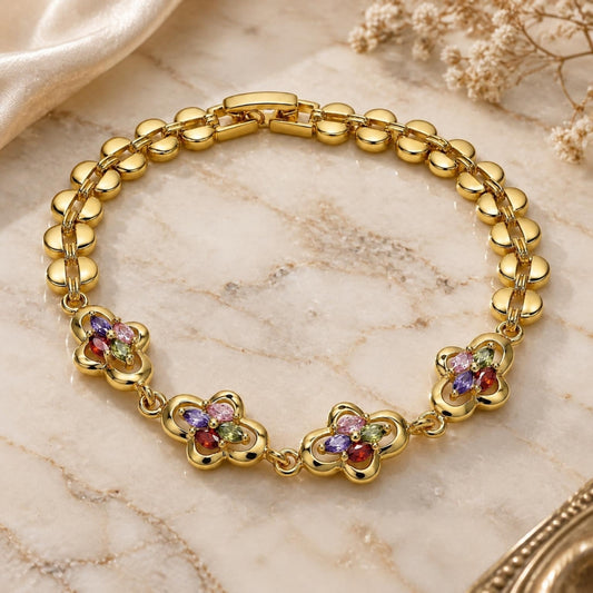 Oro Laminado Fancy Bracelet, Gold Filled Style with Multicolor Cubic Zirconia, Polished, Golden Finish