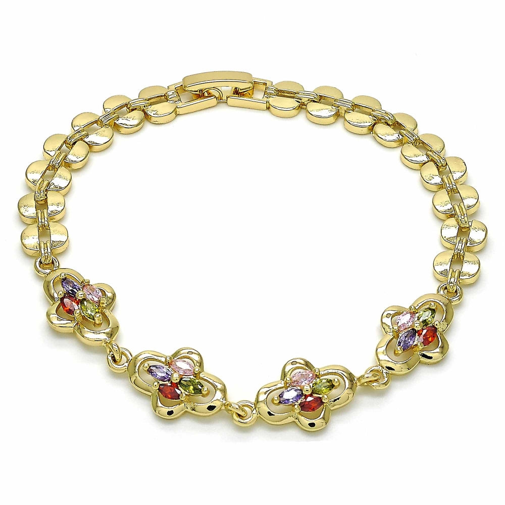 Oro Laminado Fancy Bracelet, Gold Filled Style with Multicolor Cubic Zirconia, Polished, Golden Finish