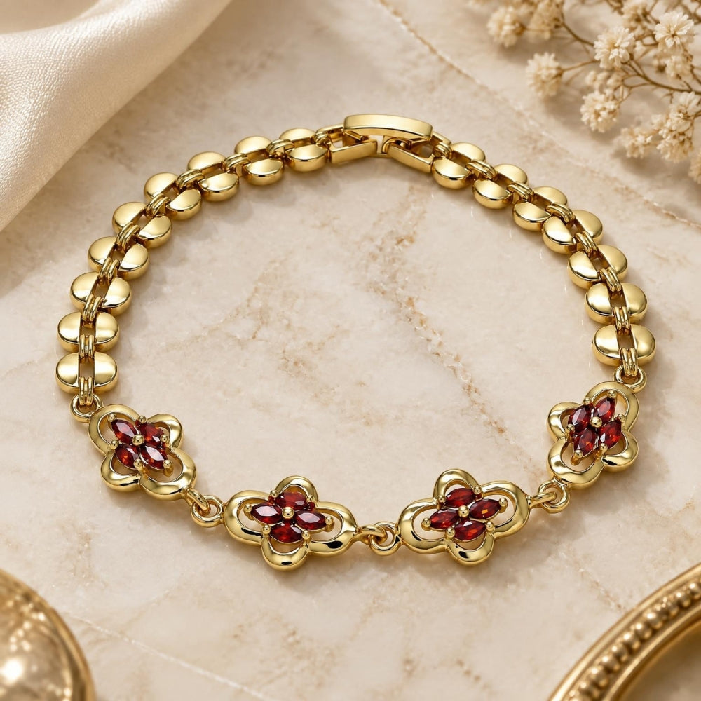 Oro Laminado Fancy Bracelet, Gold Filled Style with Garnet Cubic Zirconia, Polished, Golden Finish