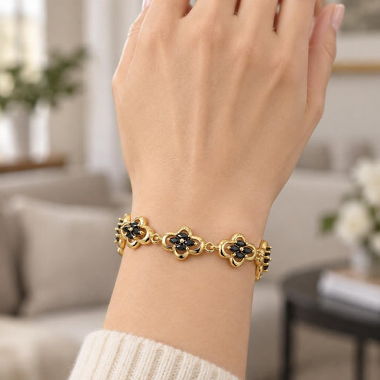 Oro Laminado Fancy Bracelet, Gold Filled Style with Black Cubic Zirconia, Polished, Golden Finish