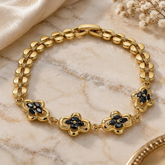 Oro Laminado Fancy Bracelet, Gold Filled Style with Black Cubic Zirconia, Polished, Golden Finish