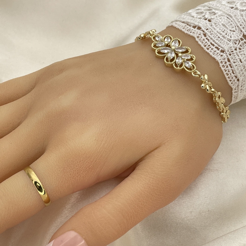 Oro Laminado Fancy Bracelet, Gold Filled Style Flower Design, with White Cubic Zirconia, Polished, Golden Finish