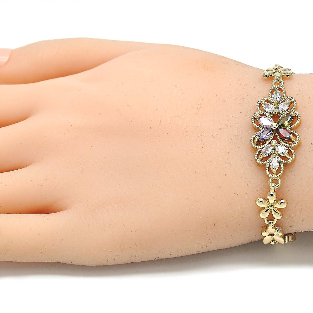 Oro Laminado Fancy Bracelet, Gold Filled Style Flower Design, with Multicolor Cubic Zirconia, Polished, Golden Finish