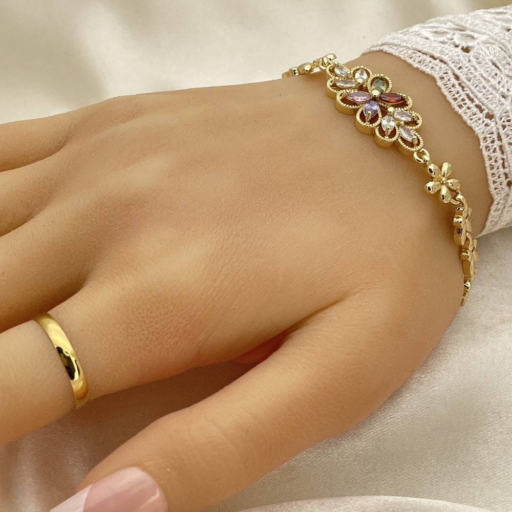 Oro Laminado Fancy Bracelet, Gold Filled Style Flower Design, with Multicolor Cubic Zirconia, Polished, Golden Finish