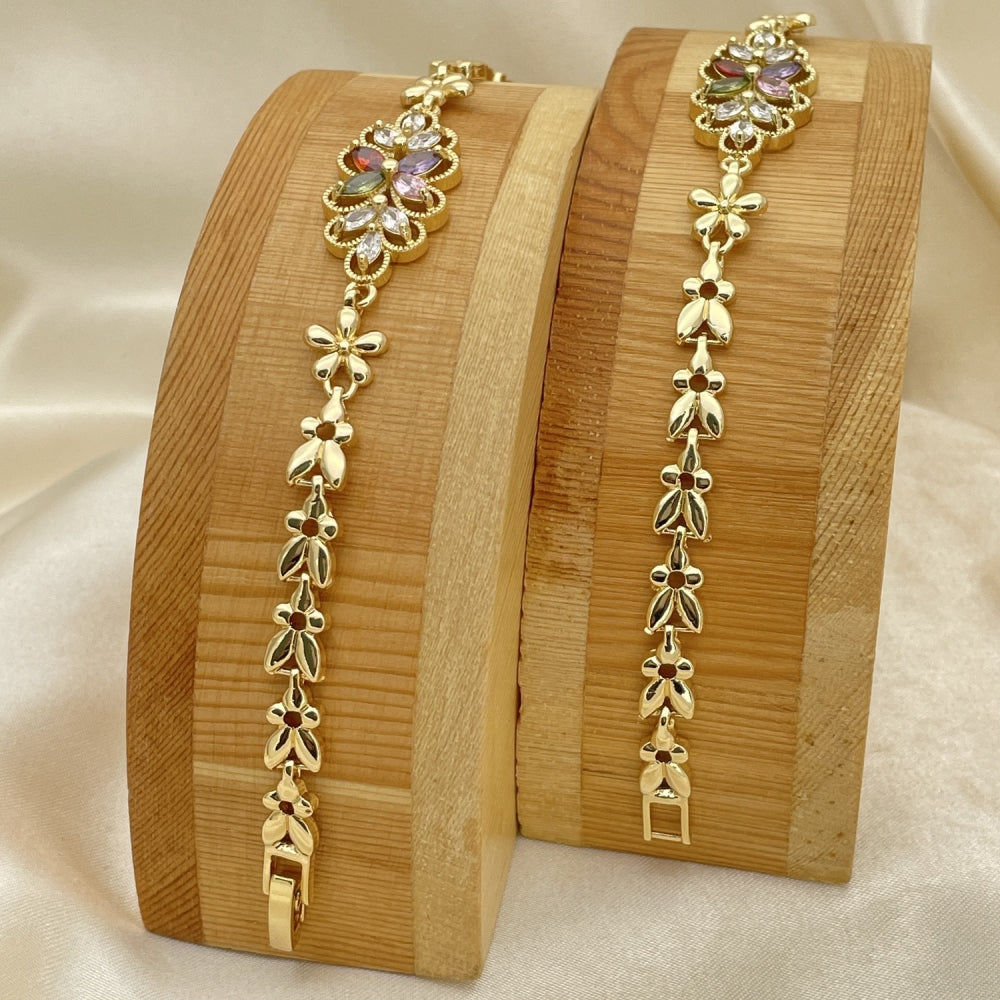 Oro Laminado Fancy Bracelet, Gold Filled Style Flower Design, with Multicolor Cubic Zirconia, Polished, Golden Finish