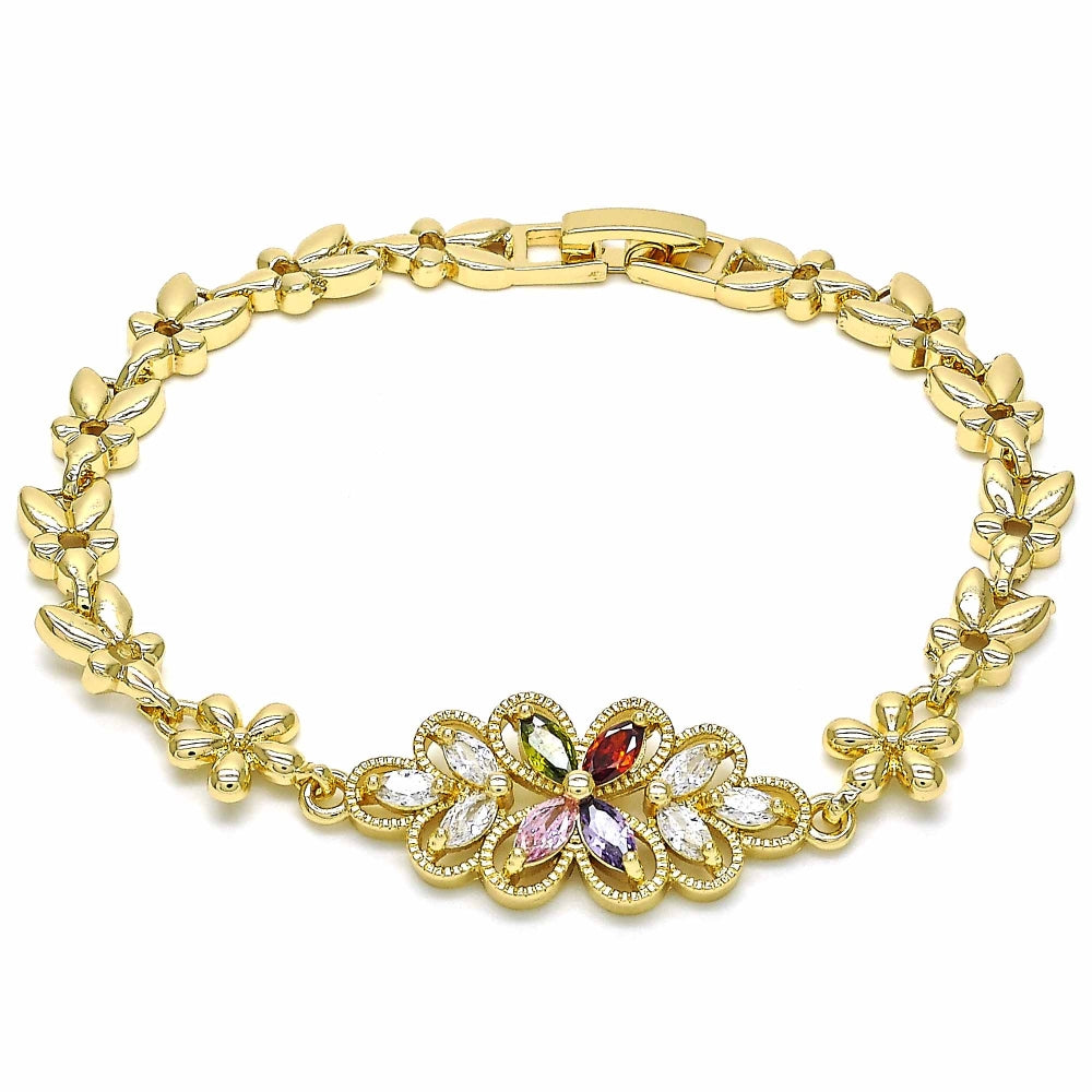 Oro Laminado Fancy Bracelet, Gold Filled Style Flower Design, with Multicolor Cubic Zirconia, Polished, Golden Finish