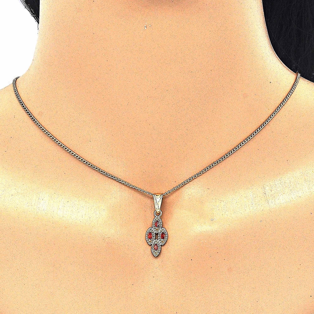 Oro Laminado Earring and Pendant Adult Set, Gold Filled Style with Garnet Cubic Zirconia, Polished, Golden Finish