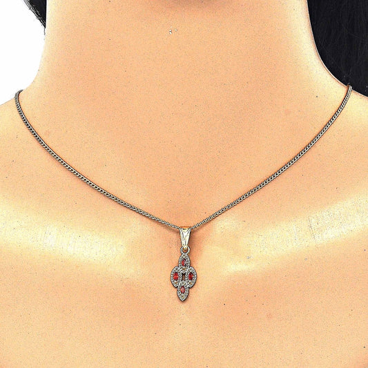 Oro Laminado Earring and Pendant Adult Set, Gold Filled Style with Garnet Cubic Zirconia, Polished, Golden Finish