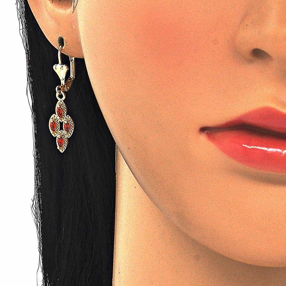 Oro Laminado Earring and Pendant Adult Set, Gold Filled Style with Garnet Cubic Zirconia, Polished, Golden Finish