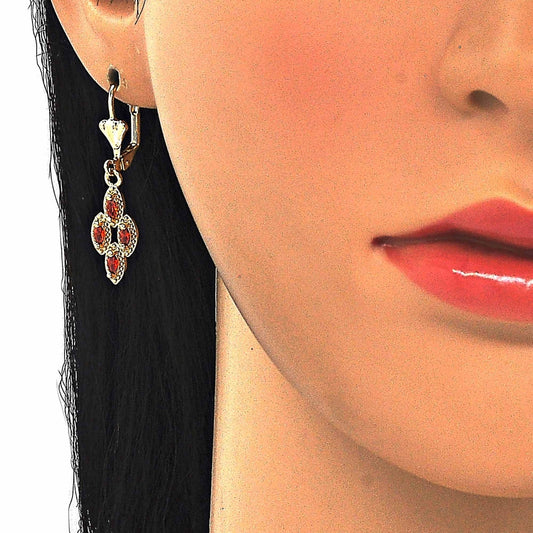 Oro Laminado Earring and Pendant Adult Set, Gold Filled Style with Garnet Cubic Zirconia, Polished, Golden Finish