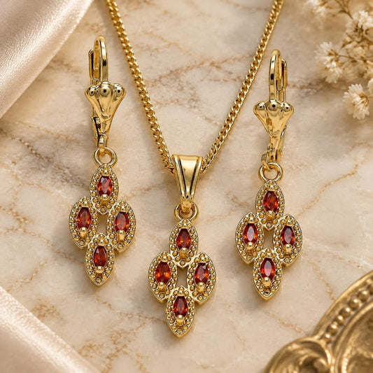 Oro Laminado Earring and Pendant Adult Set, Gold Filled Style with Garnet Cubic Zirconia, Polished, Golden Finish