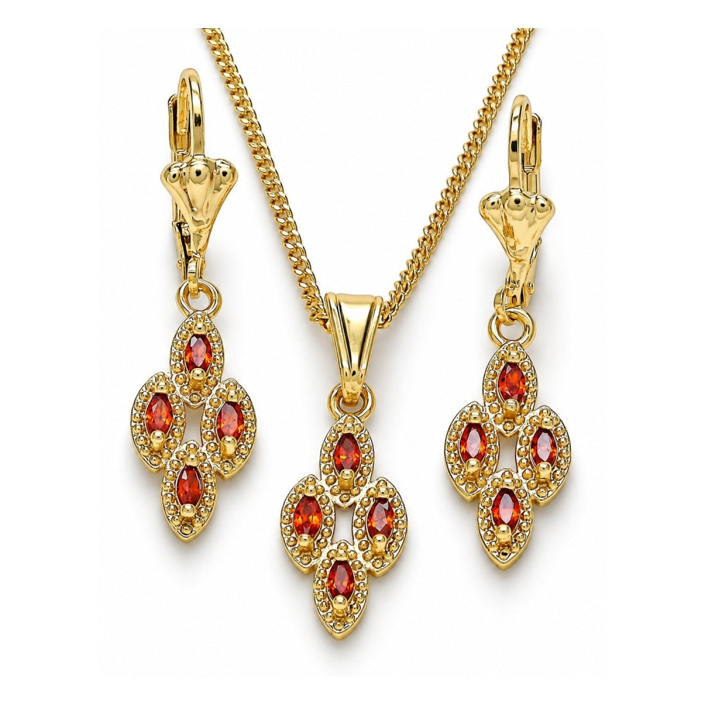 Oro Laminado Earring and Pendant Adult Set, Gold Filled Style with Garnet Cubic Zirconia, Polished, Golden Finish
