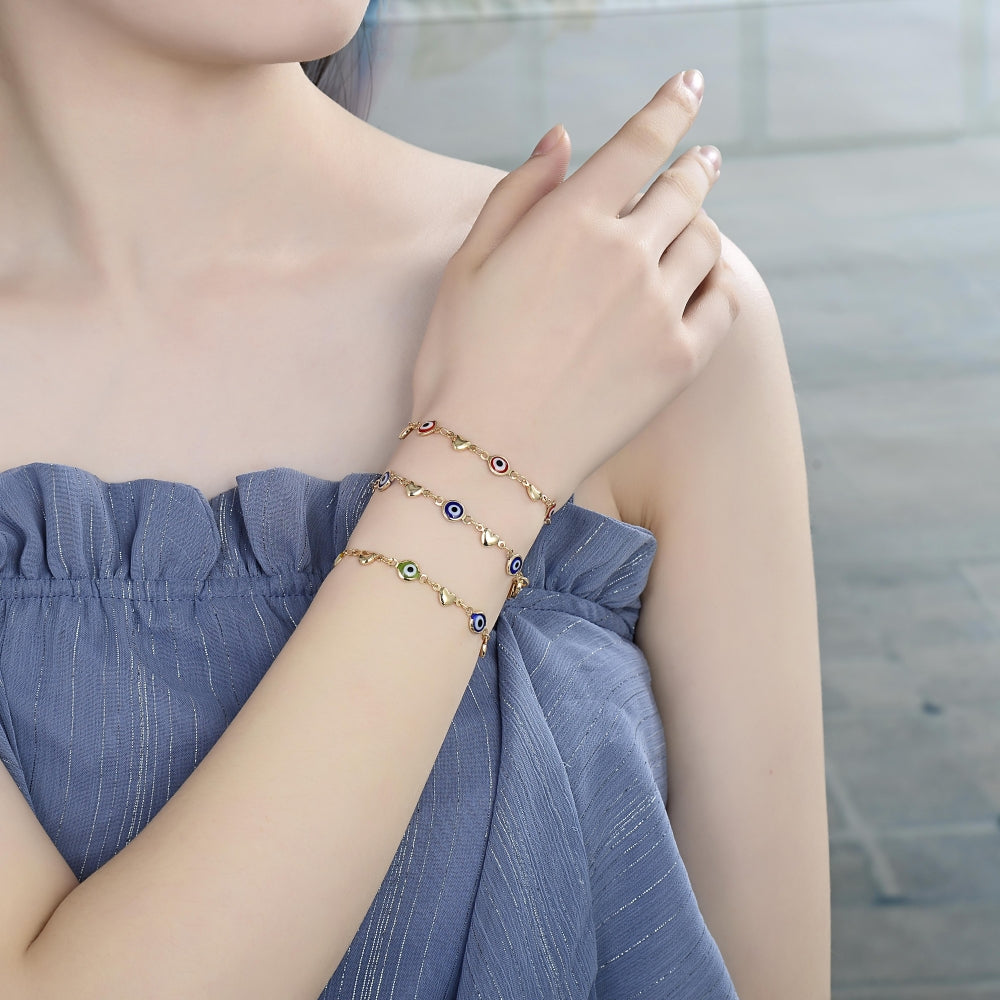 Oro Laminado Fancy Bracelet, Gold Filled Style Evil Eye and Heart Design, Red Resin Finish, Golden Finish