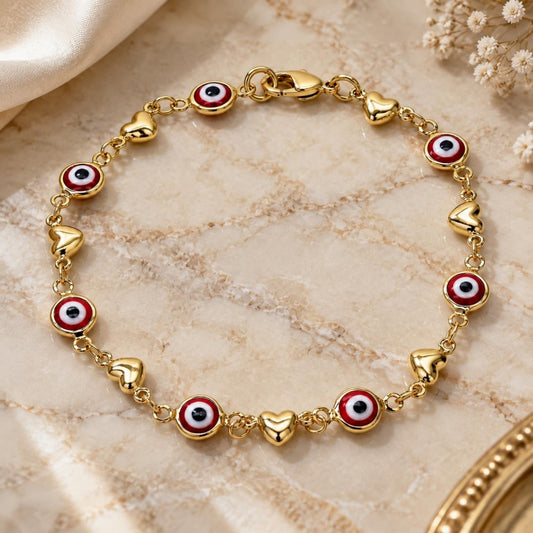 Oro Laminado Fancy Bracelet, Gold Filled Style Evil Eye and Heart Design, Red Resin Finish, Golden Finish