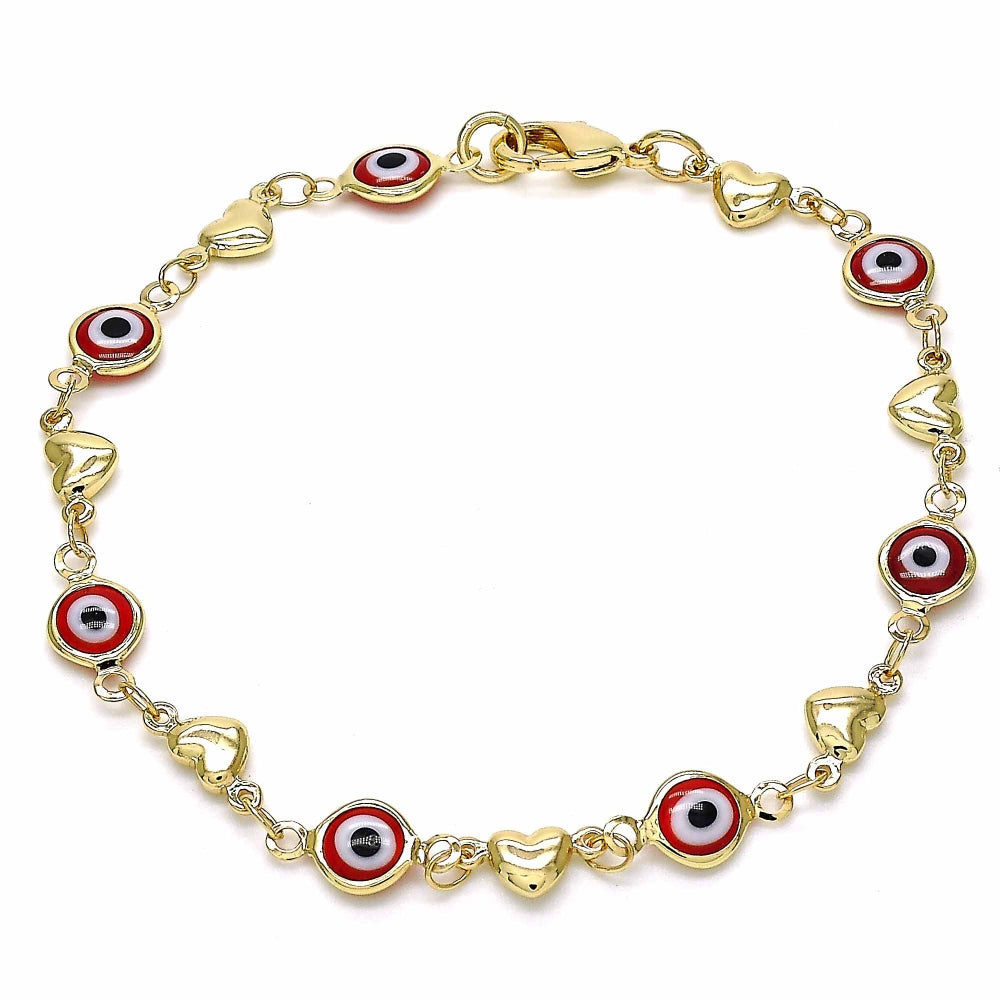 Oro Laminado Fancy Bracelet, Gold Filled Style Evil Eye and Heart Design, Red Resin Finish, Golden Finish