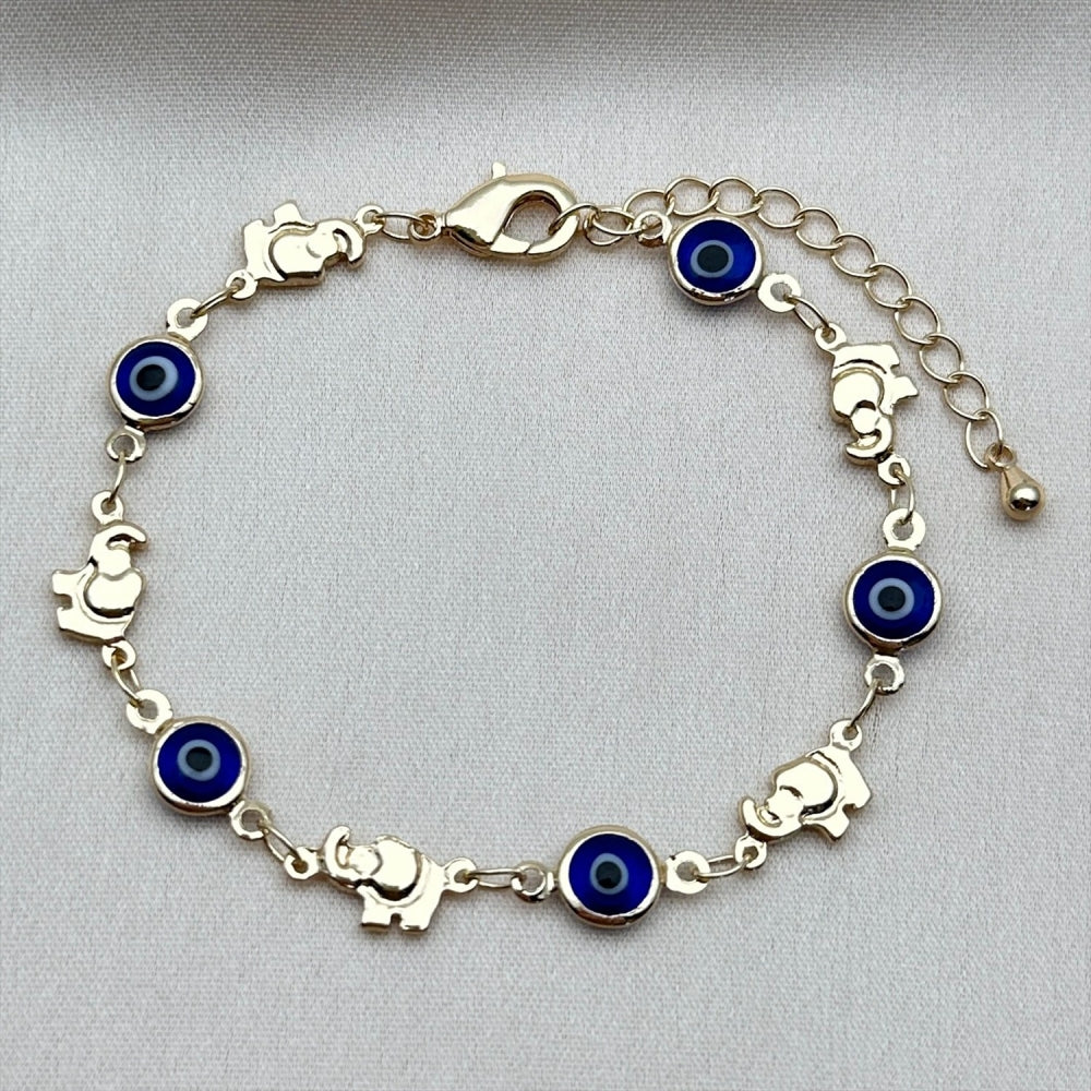 Oro Laminado Fancy Bracelet, Gold Filled Style Evil Eye and Elephant Design, Blue Resin Finish, Golden Finish