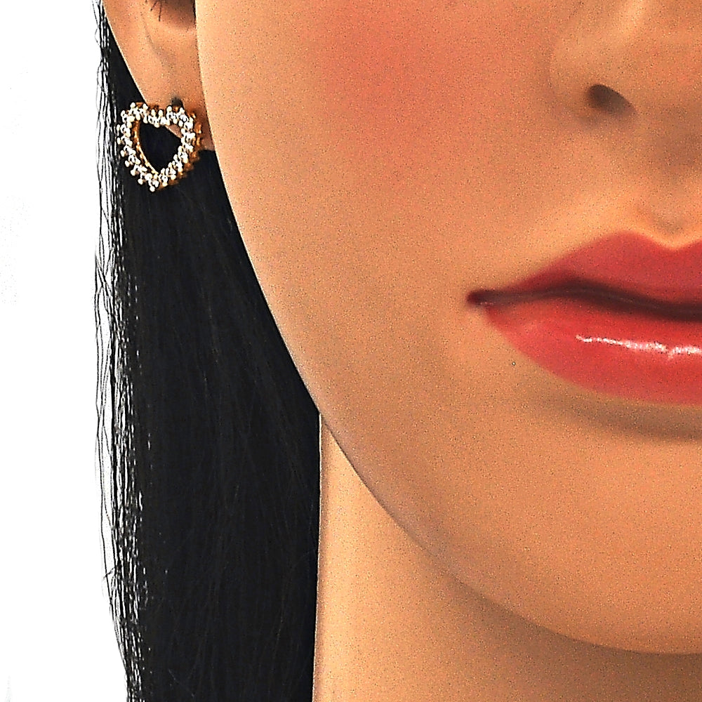 Oro Laminado Stud Earring, Gold Filled Style Heart Design, with White Cubic Zirconia, Polished, Golden Finish