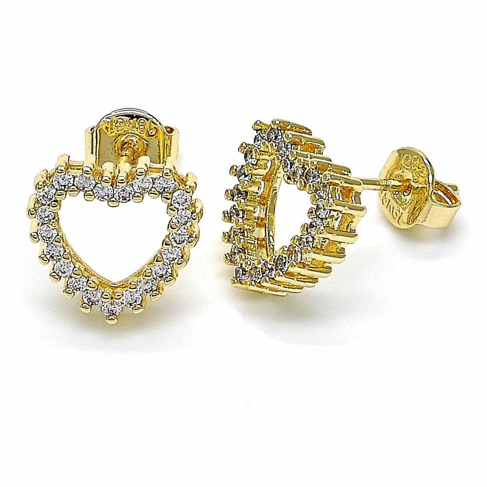 Oro Laminado Stud Earring, Gold Filled Style Heart Design, with White Cubic Zirconia, Polished, Golden Finish