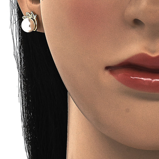 Oro Laminado Stud Earring, Gold Filled Style with Ivory Pearl and White Micro Pave, Polished, Golden Finish