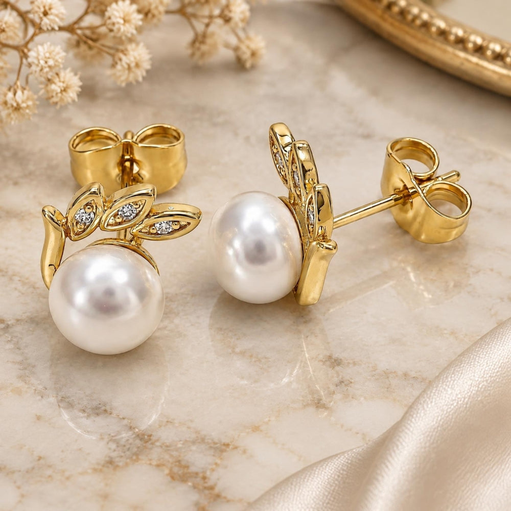 Oro Laminado Stud Earring, Gold Filled Style with Ivory Pearl and White Micro Pave, Polished, Golden Finish