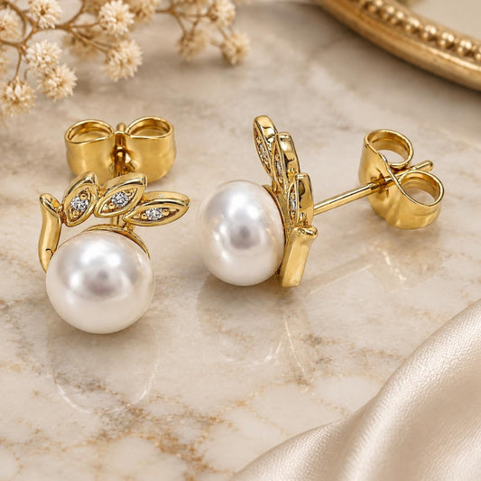 Oro Laminado Stud Earring, Gold Filled Style with Ivory Pearl and White Micro Pave, Polished, Golden Finish