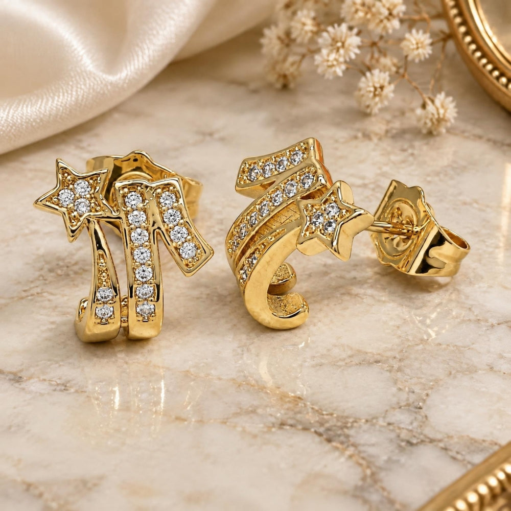 Oro Laminado Stud Earring, Gold Filled Style Star Design, with White Cubic Zirconia, Polished, Golden Finish
