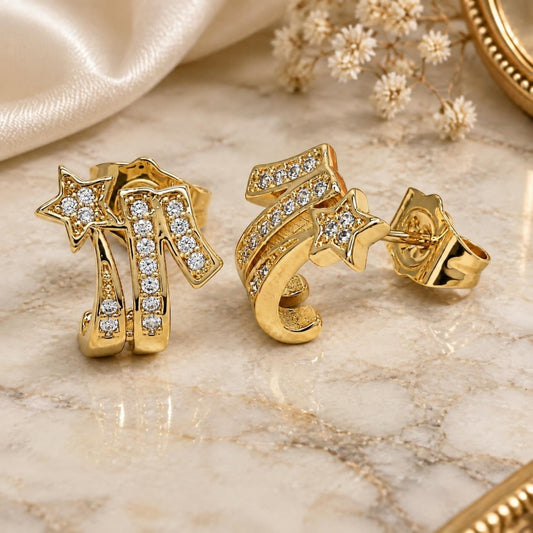 Oro Laminado Stud Earring, Gold Filled Style Star Design, with White Cubic Zirconia, Polished, Golden Finish
