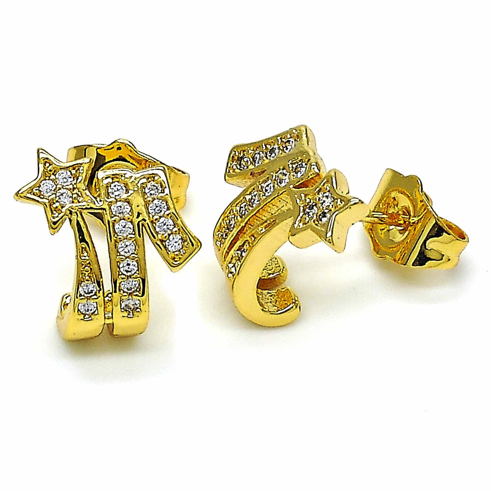 Oro Laminado Stud Earring, Gold Filled Style Star Design, with White Cubic Zirconia, Polished, Golden Finish