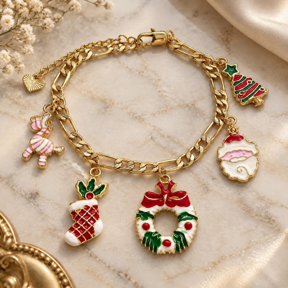 Oro Laminado Charm Bracelet, Gold Filled Style Tree and Star Design, Multicolor Enamel Finish, Golden Finish